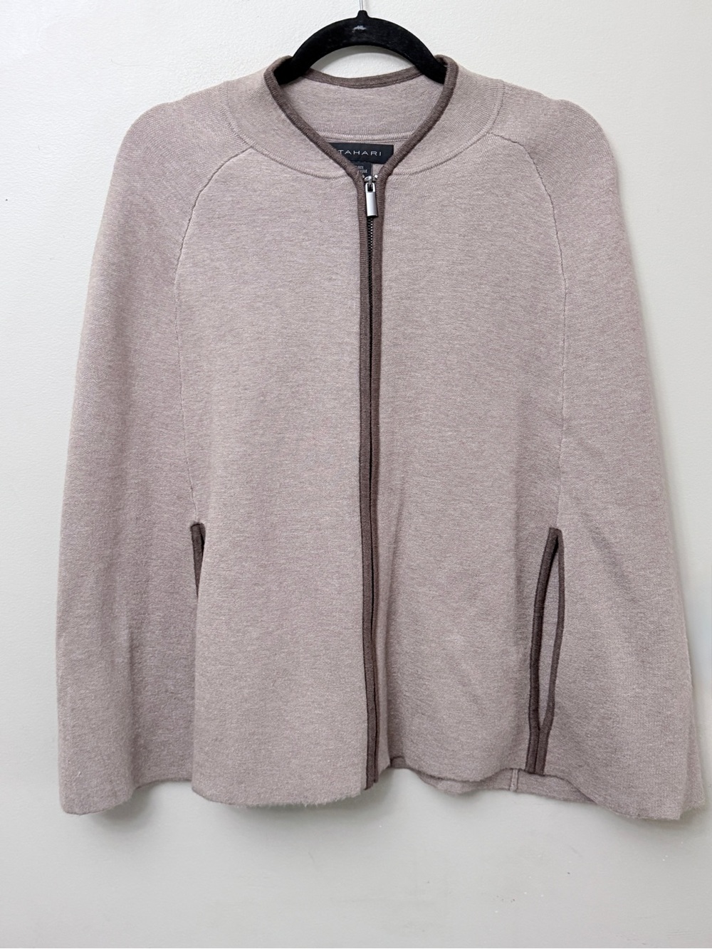 Tahari Poncho Sweater Knit Zip-Up Tan One Size